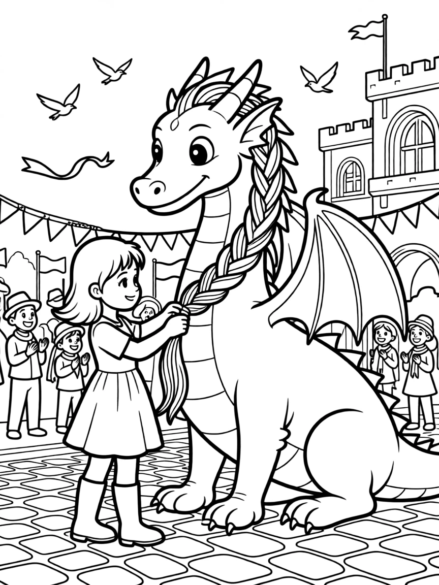 A young dragon rider braids ribbons into her dragon's mane before a grand parade through a cheering kingdom.
