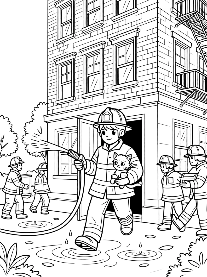 [Firefighters] a firefighter aiming a hose carrying a rescued kitten to safety outside a tall building, letting out a triumphant roar, while other firefighters help nearby fills the surrounding area. A sturdy helmet and coat complete the uniform. Set during a bright summer day, with a light drizzle just ending, the page bursts with adventure and imagination.
