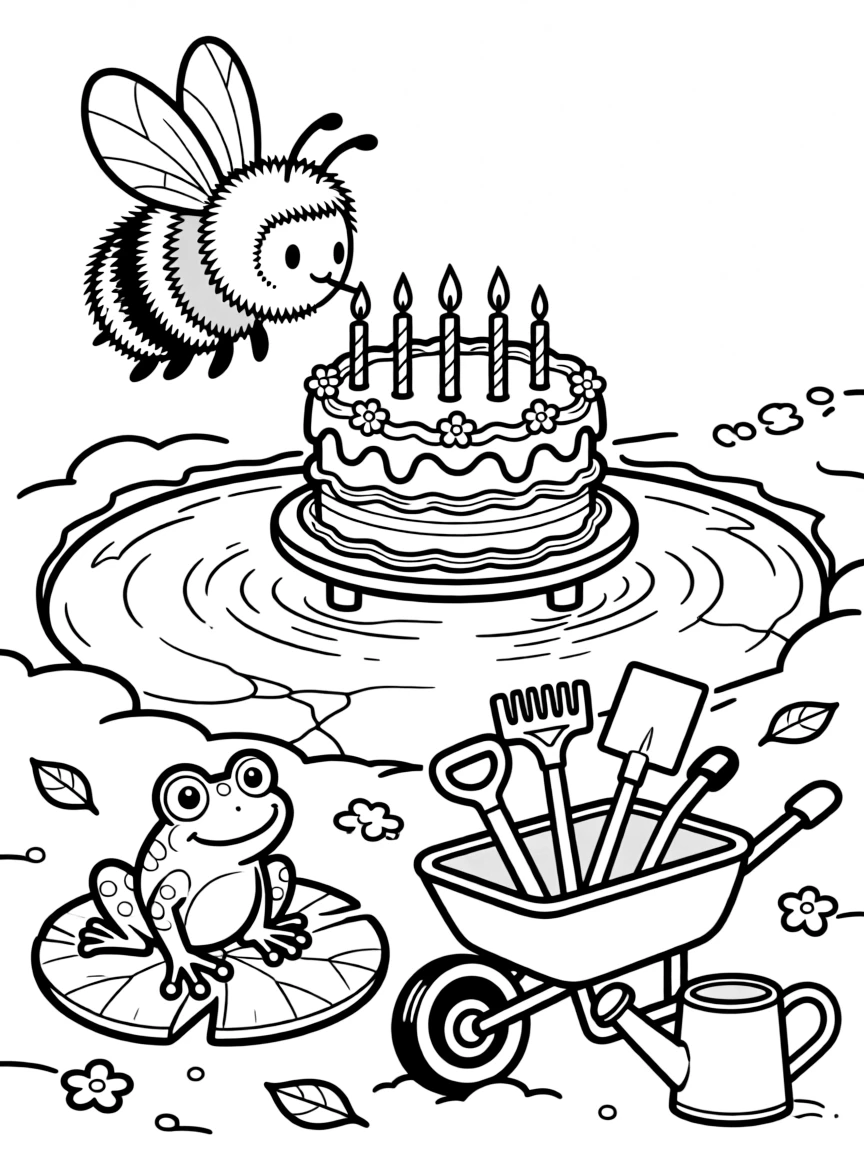 A fuzzy bumblebee is blowing out candles on a beautifully frosted cake beside a frozen pond used for ice skating. All around, a friendly frog perched on a lily pad and a wheelbarrow filled with garden tools add a playful, cheerful touch.
