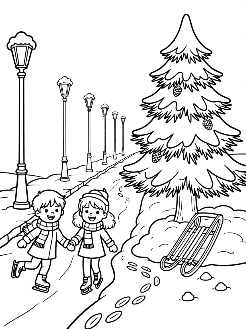A grinning child sitting beside a pair of ice skaters gliding hand in hand on a quiet street lined with snow-capped lampposts, with a snow-covered pine tree and a sled leaning against a snowbank scattered about.