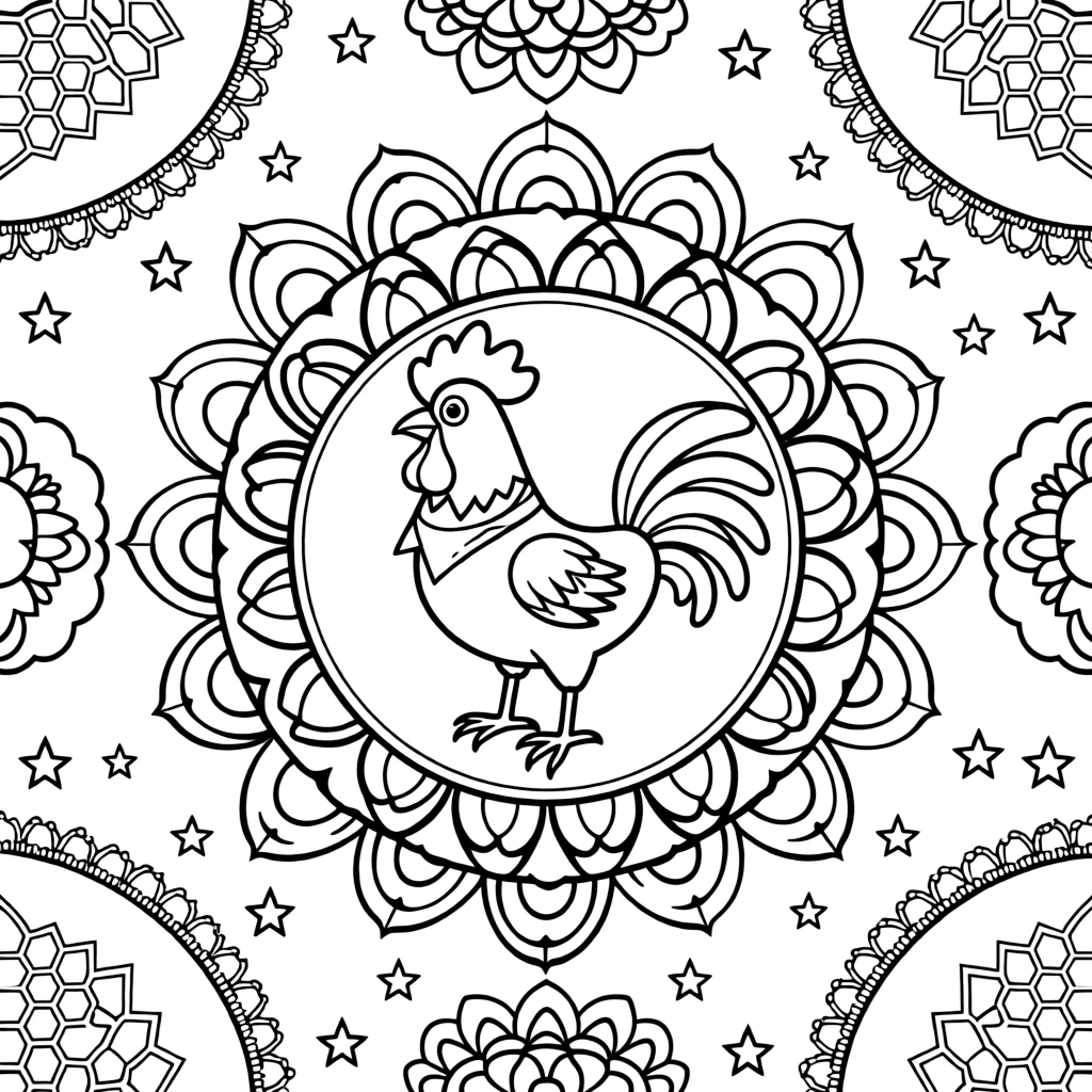 Birds: The page presents a small themed scene built around a rooster crowing with a tall feathered comb, tied together by a layered rosette mandala with overlapping round petals. The scene is positioned in the middle of a balanced layout, with smaller matching details arranged above and below. Decorative details fill the surrounding space, including a field of tiny honeycomb cells, delicate lace-edged fringes, and loops shaped like small bows woven throughout the background. A playful extra touch completes the page: a scattering of small stars filling in any open gaps in the pattern.