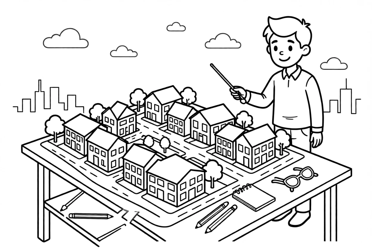 A city planner studies a model of a new neighborhood covered in tiny buildings and trees.