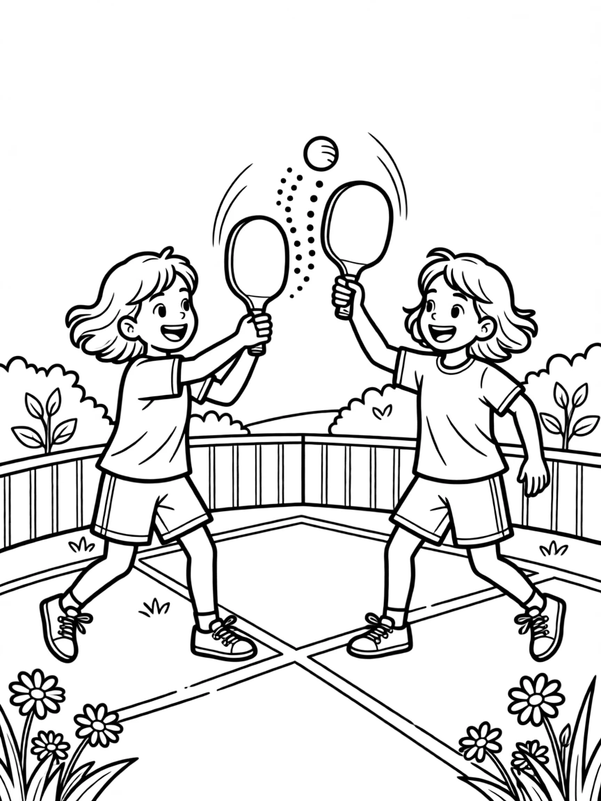 A pair of best friends, playing a fast rally with a friend, paddles clicking with every hit.