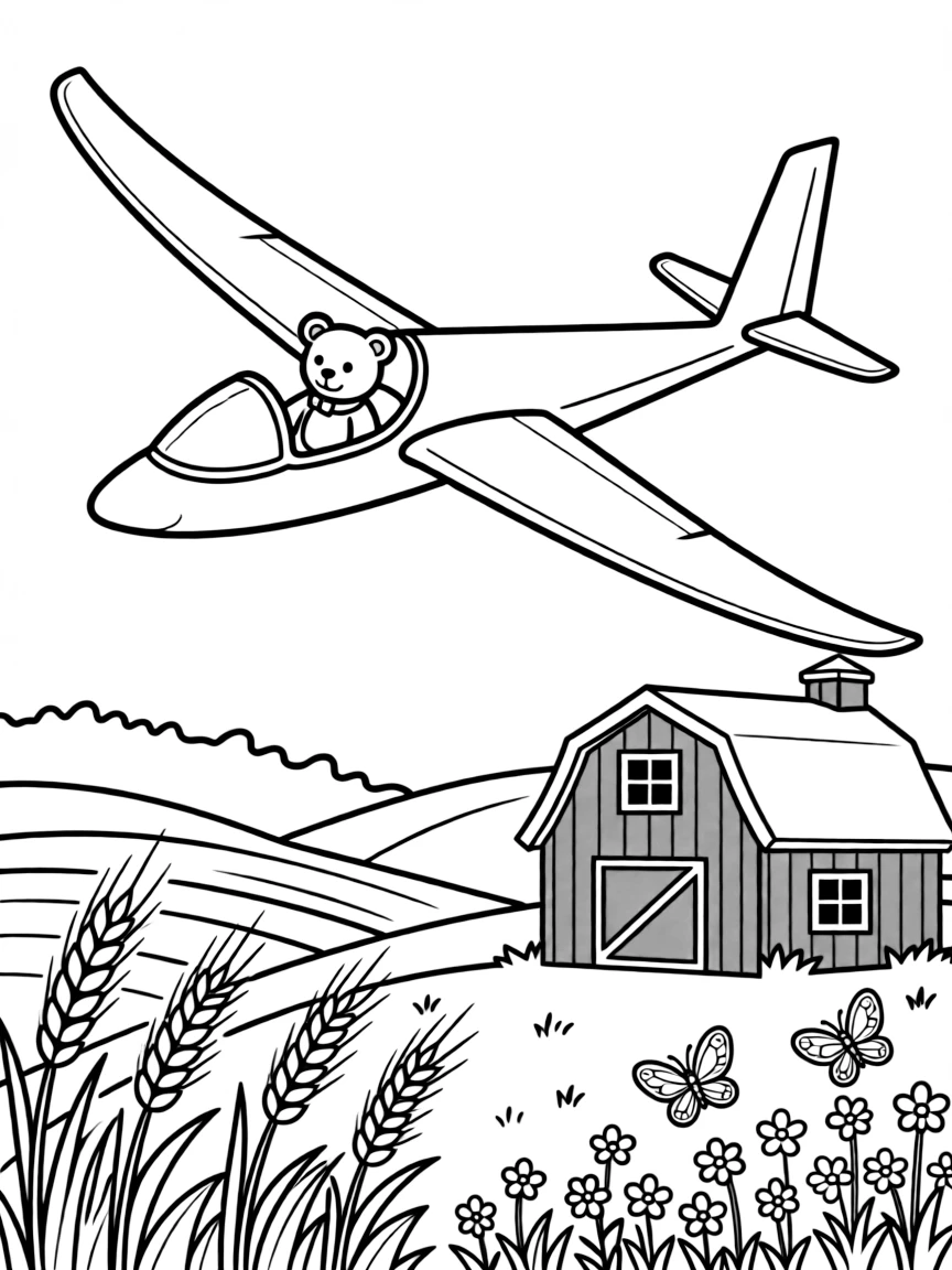 This coloring page shows a graceful glider soaring silently on the wind making its way across a sunny farm with a red barn and rolling wheat fields, accompanied by a teddy bear buckled safely into the passenger seat, while butterflies fluttering near a patch of wildflowers adds extra charm to the scene.