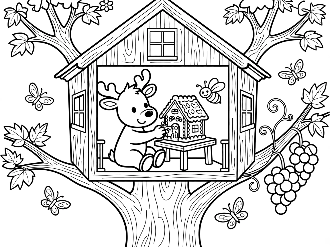 A moose calf in a treehouse among the branches, decorating a gingerbread house with a bumblebee, next to a vine of grapes, surrounded by fluttering butterflies.