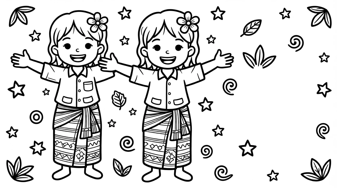 A coloring page portrait celebrating Myanmar, showing a child wearing a longyi wrap skirt with a flower in their hair, standing proudly with arms outstretched and a warm smile, surrounded by simple decorative patterns.