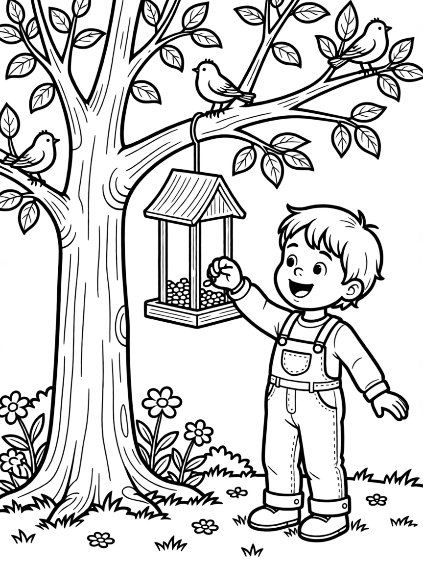 an excited small child listens to birdsong while filling a feeder with seeds in a backyard tree.