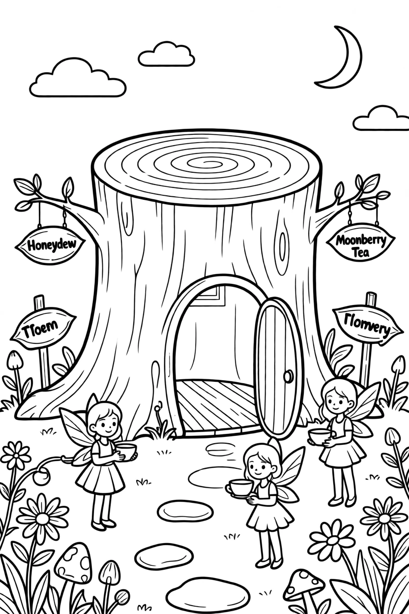 A hollow tree stump serves as a cozy inn for traveling fairies, tiny signs advertising honeydew and moonberry tea.