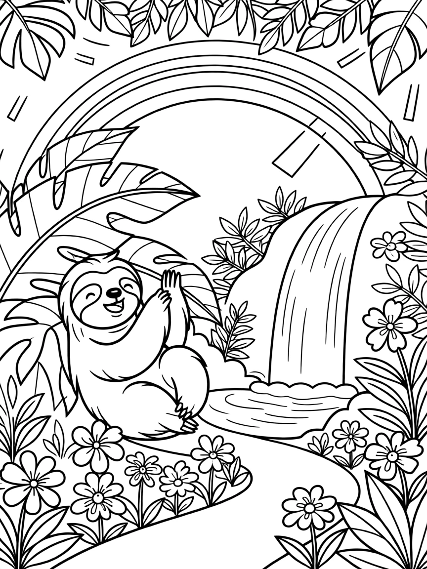 [Jungles] a sleepy jungle sloth resting in the shade of broad leaves beside a jungle waterfall, gasping in amazement, while colorful flowers bloom along the path fills the surrounding area. Sunlight filters through the thick canopy. Set during a bright summer day, with a rainbow arching overhead, the page bursts with adventure and imagination.