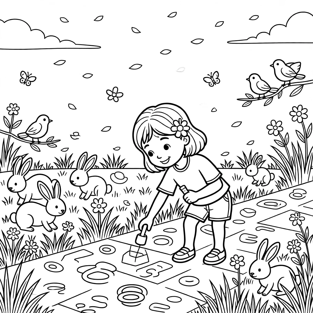 A girl surfer with a flower tucked behind her ear is drawing with colorful chalk on the sidewalk in a meadow filled with grazing bunnies. In the background, scattered flower petals drifting in the breeze and friendly songbirds perched close by make the scene feel magical.