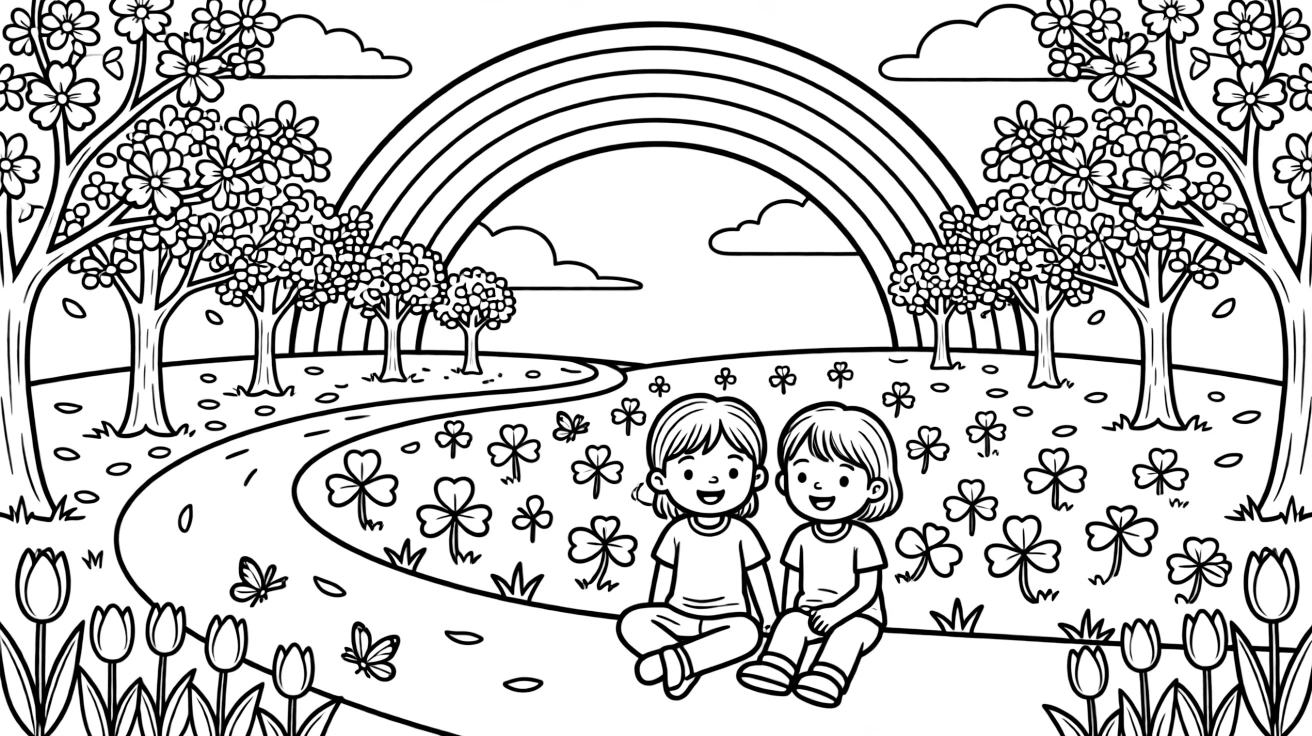 A pair of giggling twins sitting beside a field of four-leaf clovers along a path lined with blossoming cherry trees, with a rainbow arching over the garden and a row of colorful tulips scattered about.
