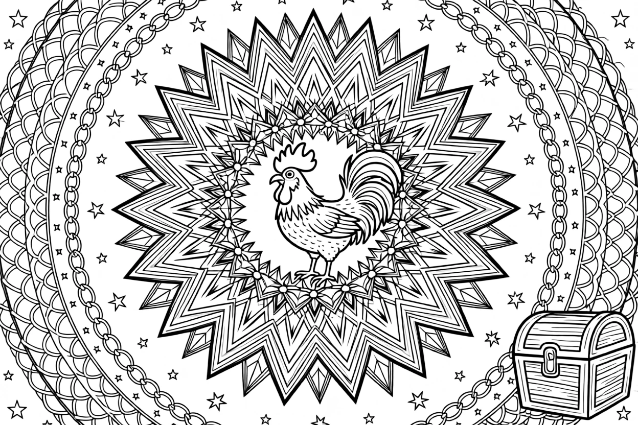 Birds: The design turns a rooster crowing with a tall feathered comb into a kaleidoscope-style composition anchored by a crystal-facet mandala built from angular repeating shapes. The imagery is multiplied into a circular burst of matching pieces that rotate evenly around the page's center point. Decorative details fill the surrounding space, including overlapping fish-scale textures, interlocking circle chains, and clusters of small five-point stars woven throughout the background. A playful extra touch completes the page: a small treasure chest half-hidden along one edge of the design.