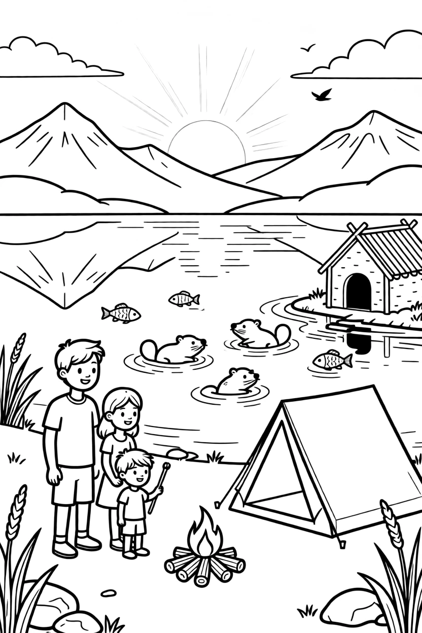 [Lakeside] A family camps beside a lake, their little tent pitched near a crackling campfire. A family of beavers swims toward their lodge as fish ripple the water nearby. Mountains rise beyond the far shore, their peaks mirrored perfectly in the calm lake. The lake glows pink and gold as the sun rises slowly over the distant hills.
