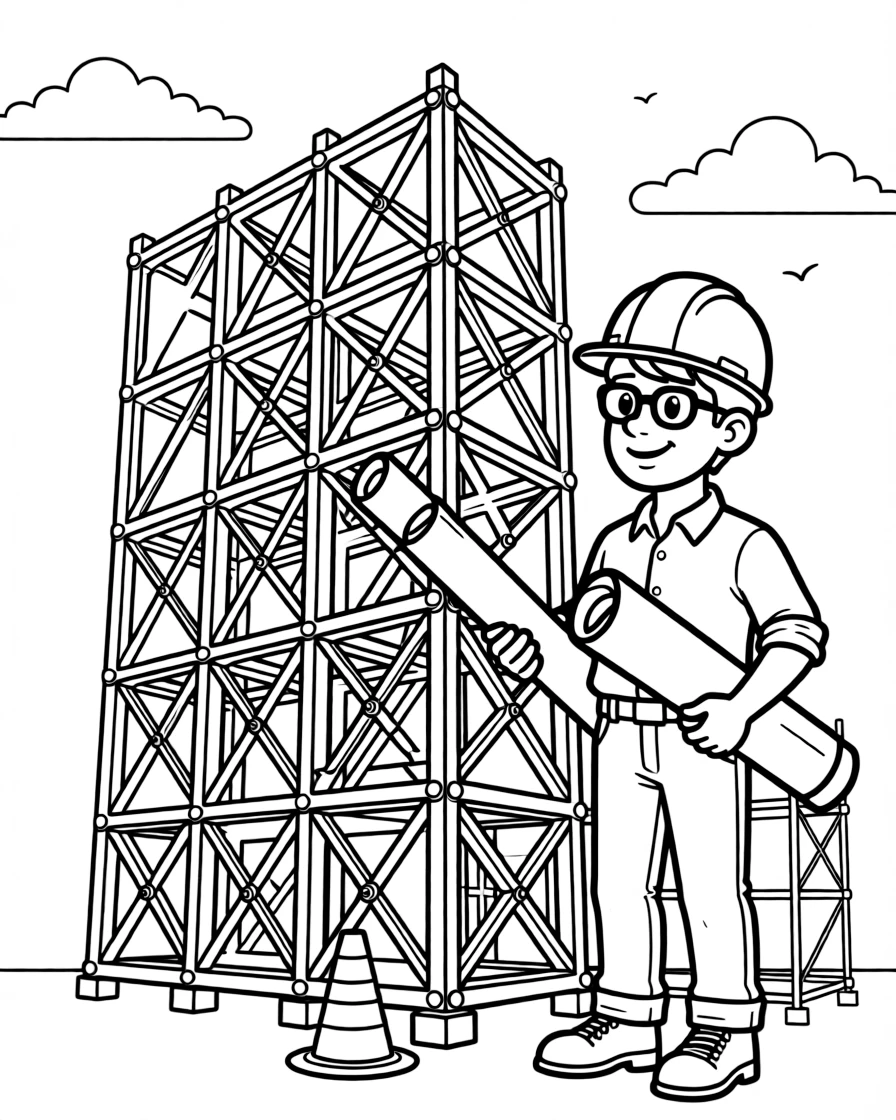 A structural engineer inspects a skyscraper's steel frame with a hard hat and blueprints.