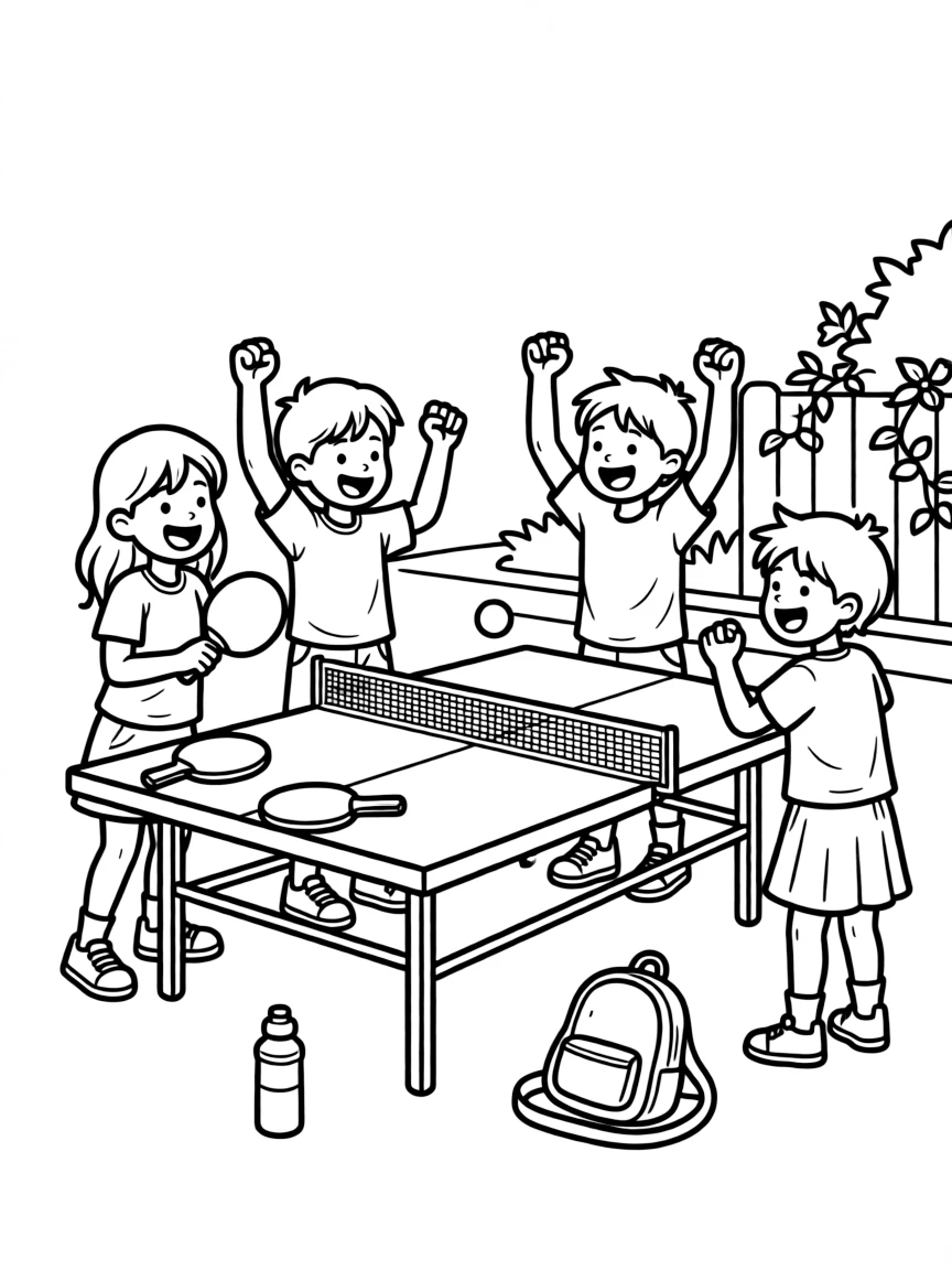 A team of neighborhood kids, celebrating a winning point by pumping a fist beside the ping-pong table.