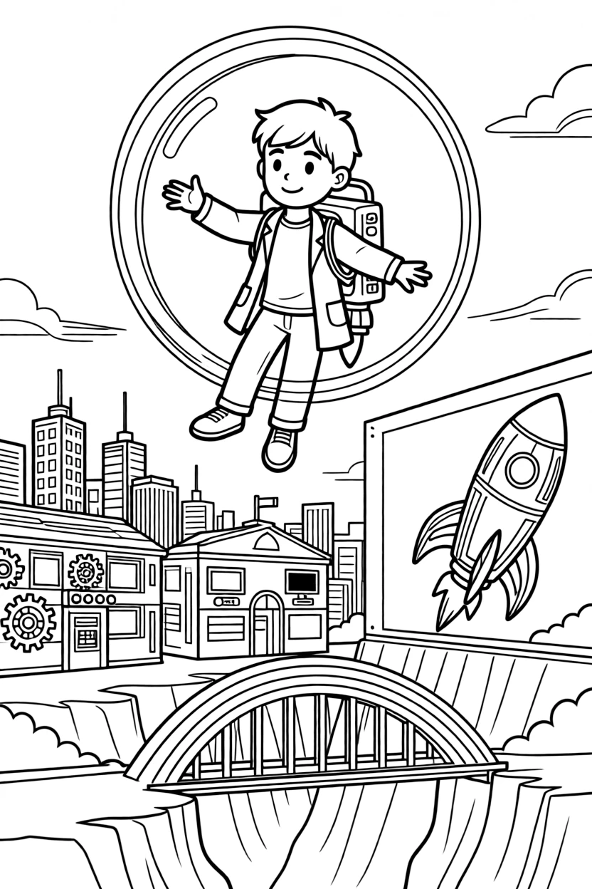 Inventor kid Volt testing a bubble-shield generator learning to fly for the first time with a jetpack over a cyber skyline near a robot school with classrooms full of gears and screens, surrounded by a mural of a rocket ship painted on a nearby wall and a rainbow bridge arching over a canyon.
