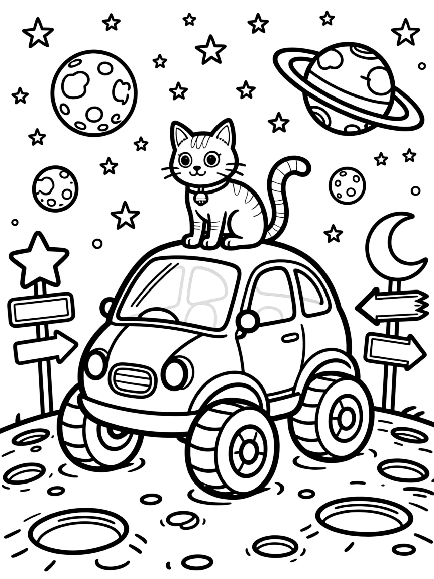 The scene captures a bouncy lunar rover crossing a field of craters in the middle of outer space, dotted with twinkling stars and colorful planets, with a curious cat perched on the hood nearby and road signs pointing toward fun destinations sprinkled around for extra fun.