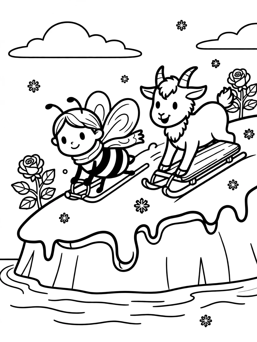 A bumblebee on an iceberg in the arctic sea, sledding down a snowy hill with a goat kid, next to a rose bush.