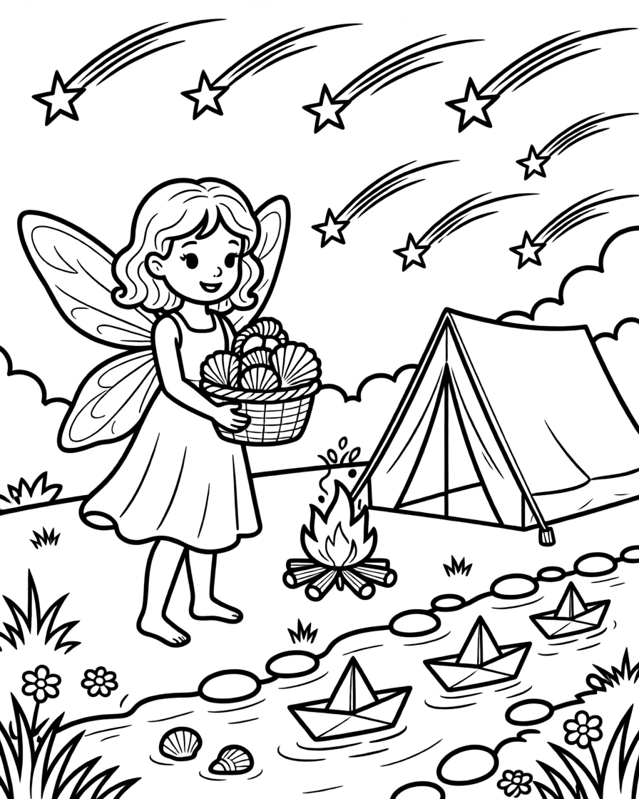 Proud and full of excitement, a summer sun sprite spends the day collecting glowing seashells in a woven basket at a campsite under a sky full of shooting stars. Nearby, a fleet of tiny paper boats racing along adds to the fun. It's shaping up to be the happiest day in the whole kingdom.