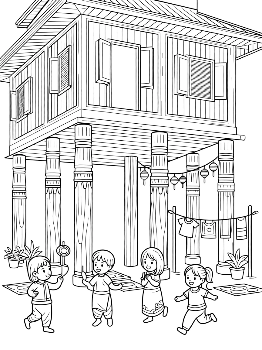 A coloring page featuring a wooden monastery on stilts with carved teak pillars in Myanmar, with children playing just outside the door and laundry or lanterns strung nearby.