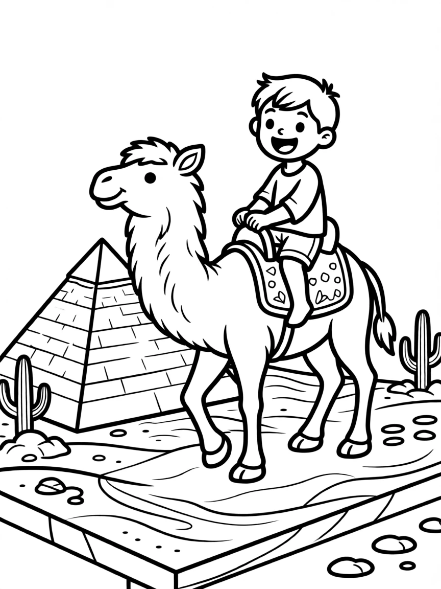 an excited small child rides a camel past a paper-mache pyramid on a desert diorama table.