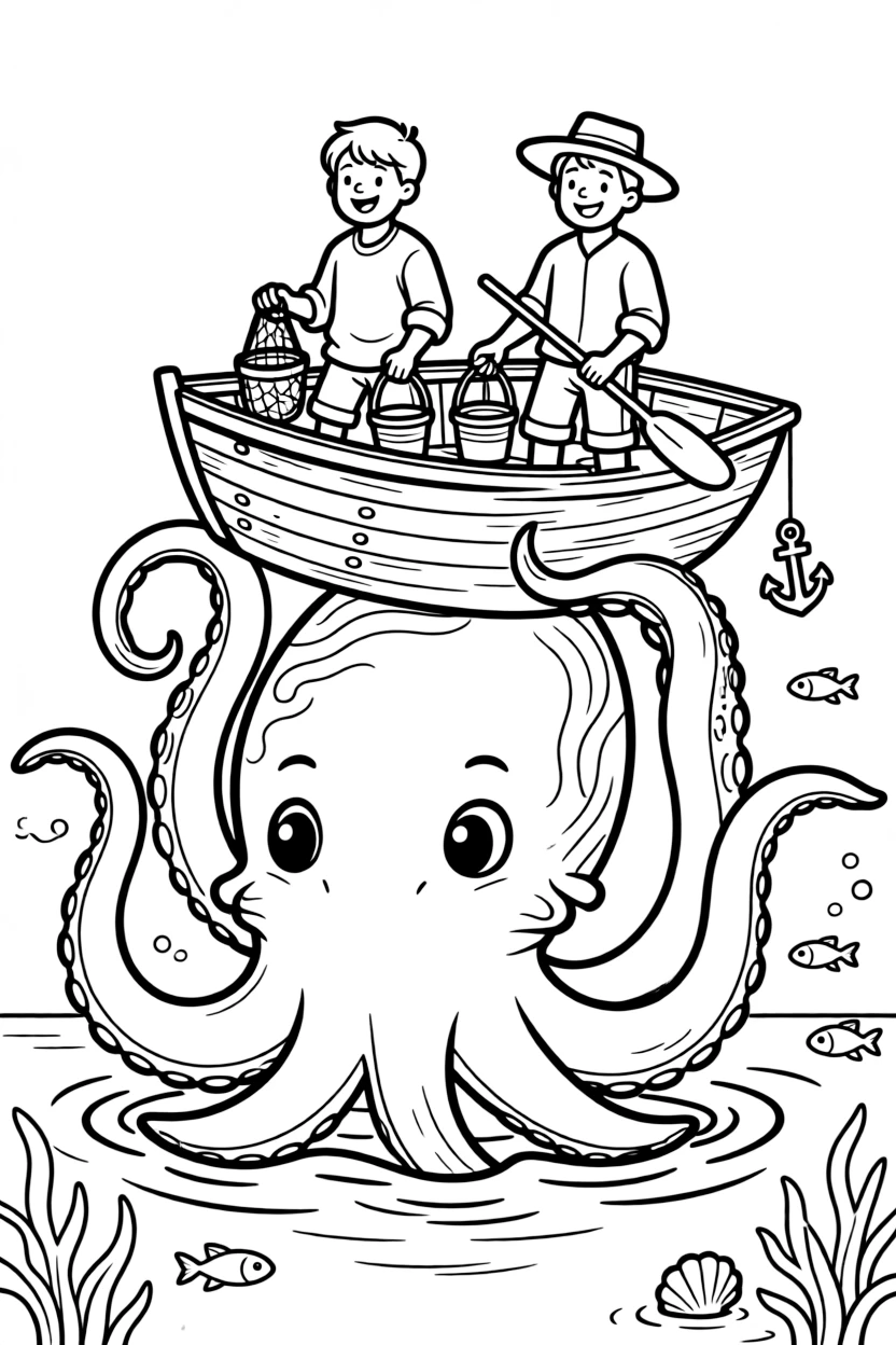 A gentle kraken lifts a sinking rowboat gently onto its head, carrying the grateful fishermen safely toward shore.