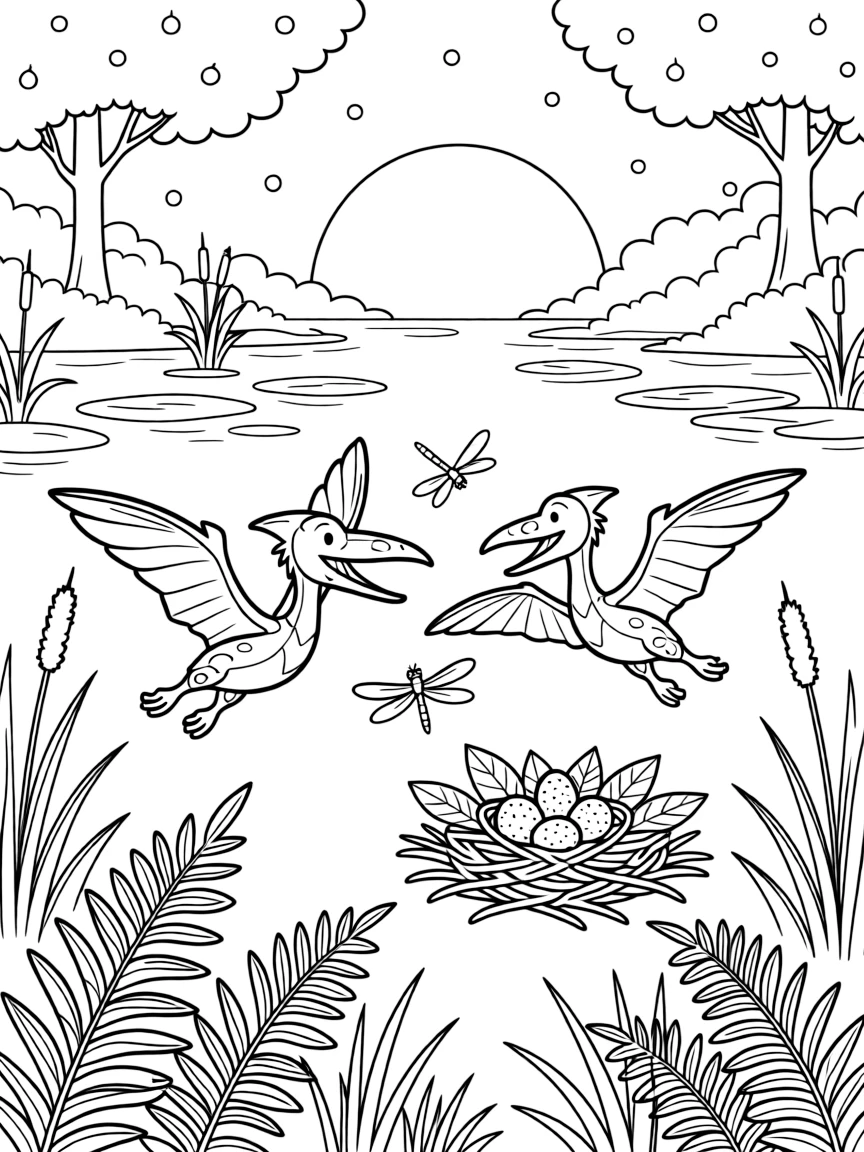 [Dinosaurs] a pair of playful pterodactyls chasing dragonflies near a swamp in a misty prehistoric swamp, letting out a triumphant roar. Nearby, a nest of speckled eggs sits tucked in the brush. Patches of tall grass and ferns fill the foreground. The scene is captured at sunset, with snow gently falling, giving the page a lively and adventurous feel that invites plenty of colorful detail.