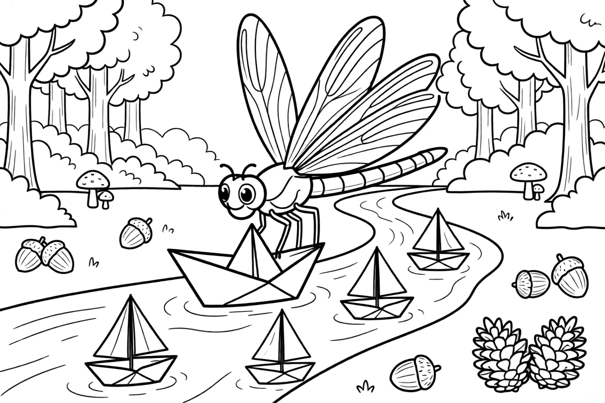 A shimmering dragonfly is sailing a folded paper boat down a gentle stream in a quiet clearing of an enchanted forest. All around, a cluster of acorns and pinecones scattered about and little sailboats bobbing on the horizon complete the joyful scene.