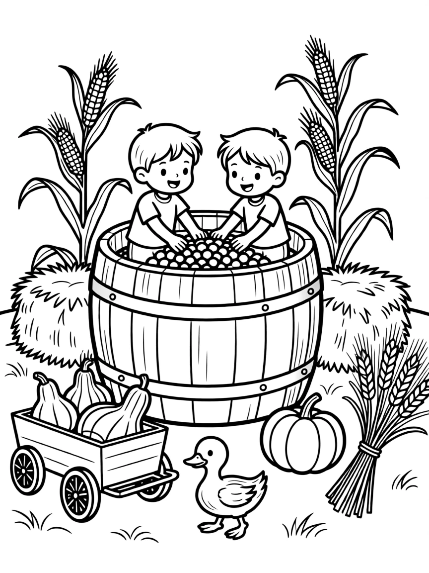 A barrel used for a joyful grape stomping tradition at a rustic harvest fair with hay bales and corn stalks, alongside a waddling duckling and a wagon full of gourds, with a bundle of golden wheat stalks close by.