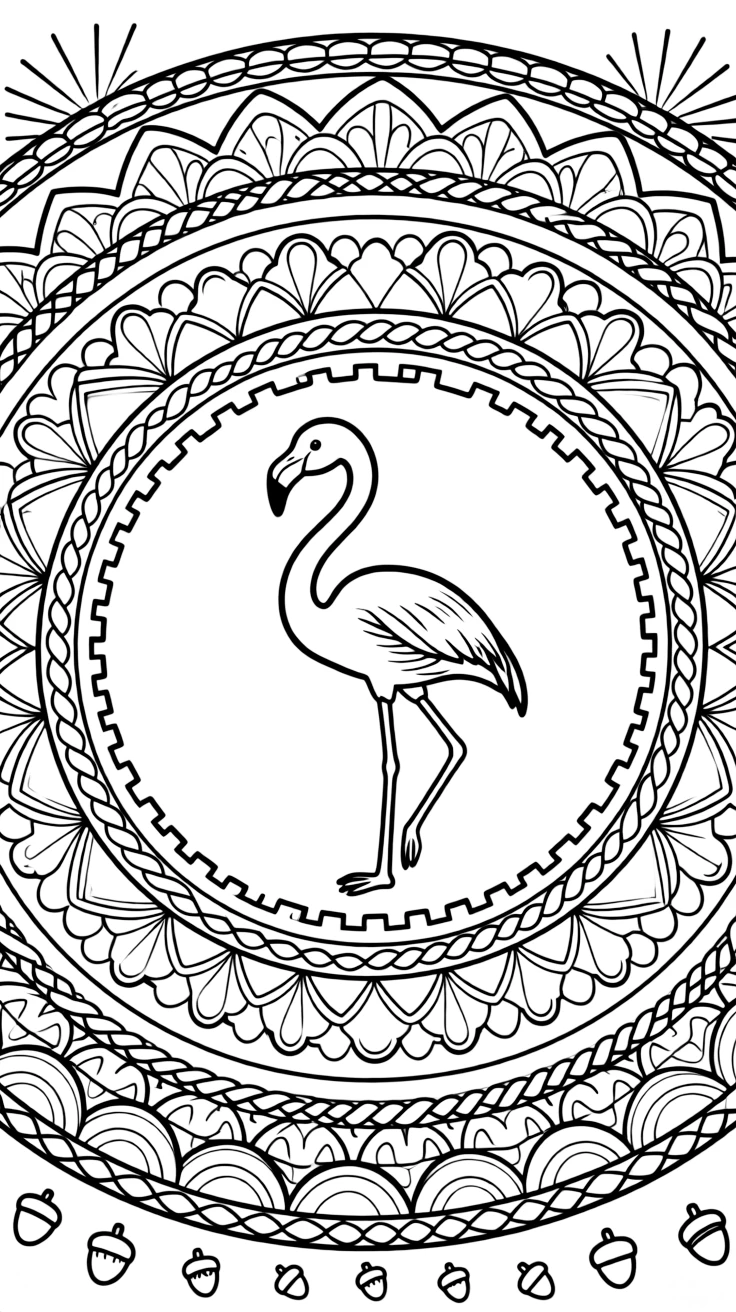 Birds: The main subject is a flamingo standing on one long thin leg, drawn as the focal point of a gear-wheel mandala with even notches around the rim. It is set at the core of the page, with the pattern unfolding outward in eight matching symmetrical segments. Decorative details fill the surrounding space, including rows of scalloped fan shapes, bands of braided rope shapes, and rays fanning out like a small sunburst woven throughout the background. A playful extra touch completes the page: a handful of tiny acorns scattered near the bottom edge.