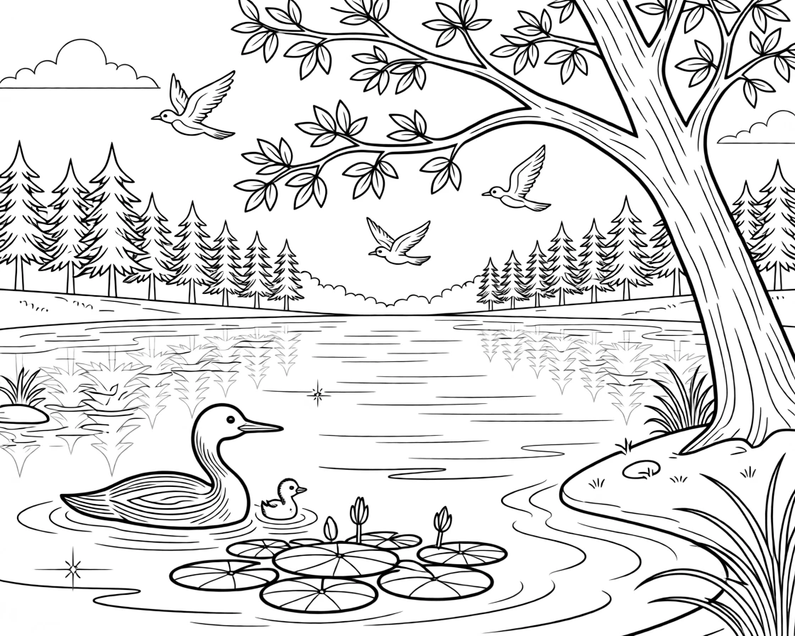 [Lakeside] A loon and her chick float peacefully near a patch of lily pads on a quiet lake. Songbirds flit between branches of a tree leaning over the water's edge. Pine trees line the far shore, their reflections rippling across the still water. Warm afternoon sunlight sparkles across the lake beneath a clear blue sky.