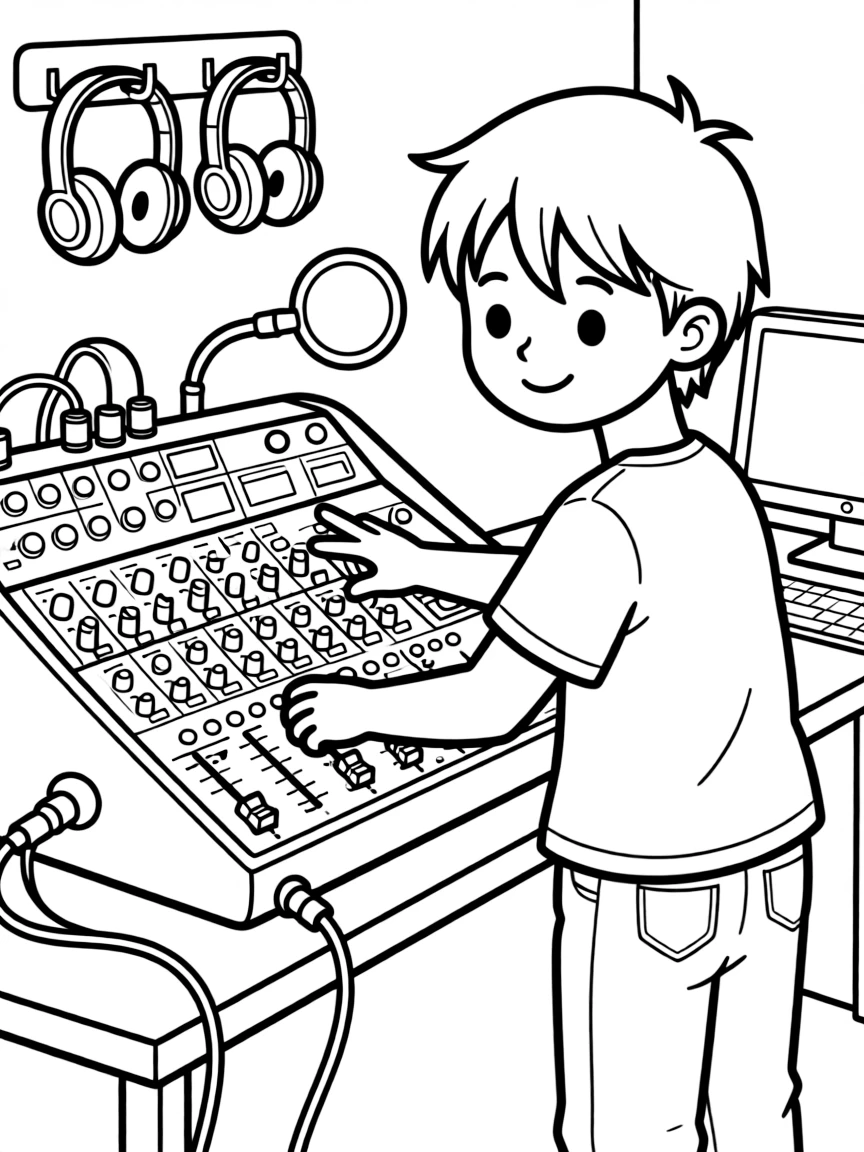 An audio engineer adjusts sliders on a big mixing board in a recording studio.