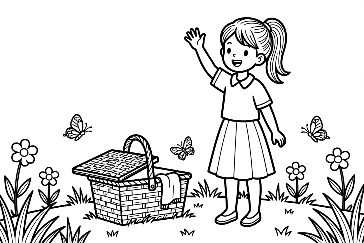 A tall girl raising a hand for a teacher with a picnic basket nearby.