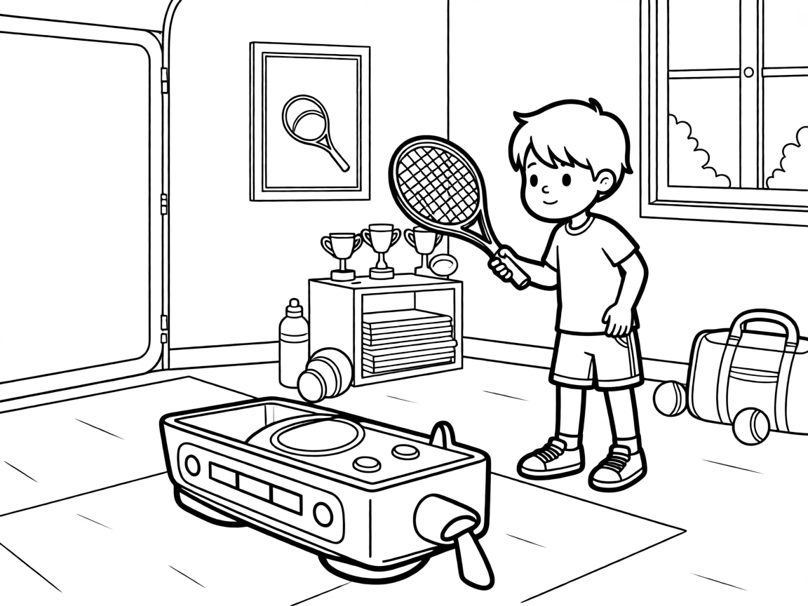 A shy new student, practicing backhand shots against a ball-serving robot in the garage.