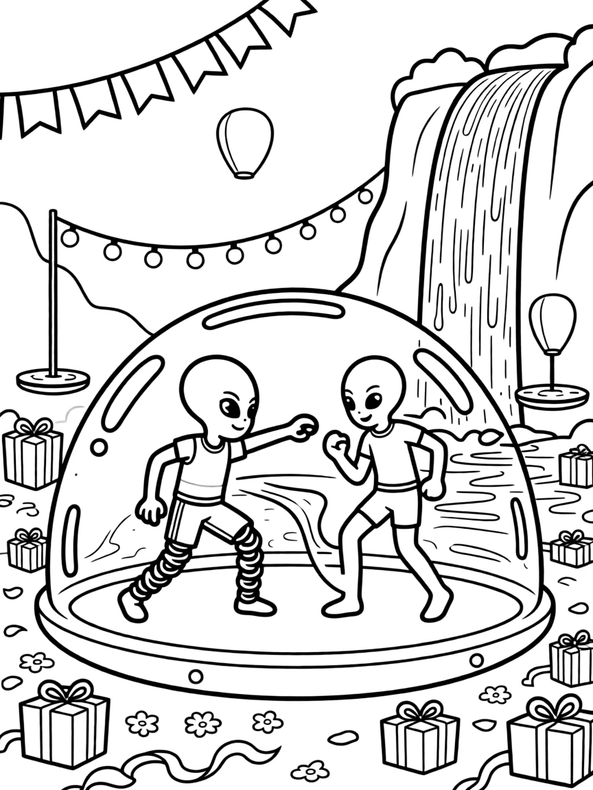 Voxa, an alien athlete with spring-coiled legs training with a holographic sparring partner in a training dome in a festival square decorated with banners and floating lanterns, as twinkling string lights strung between floating platforms and a waterfall of sparkling light cascading down a cliff fill the scene.