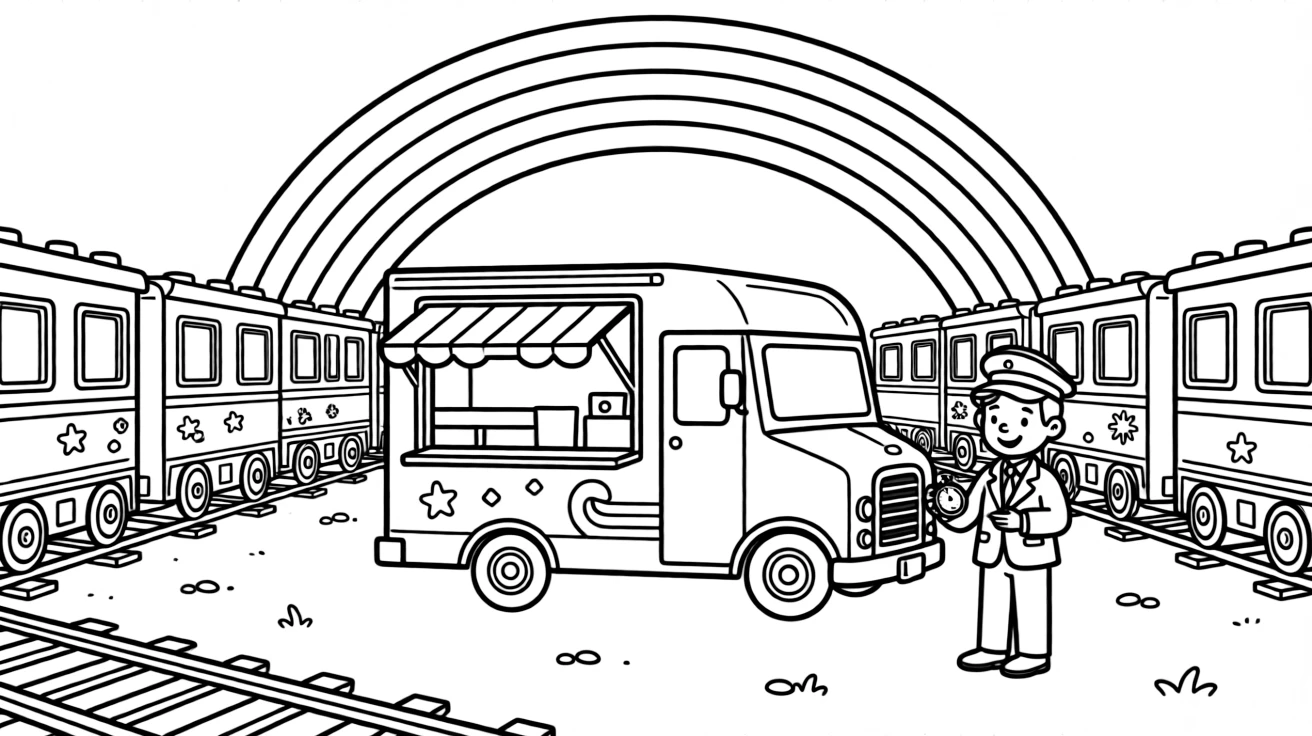 A food truck with a fold-out ordering window takes center stage in a bustling train yard filled with rows of colorful train cars, where a cheerful conductor checking a pocket watch can be seen nearby, surrounded by a rainbow arching across the sky.