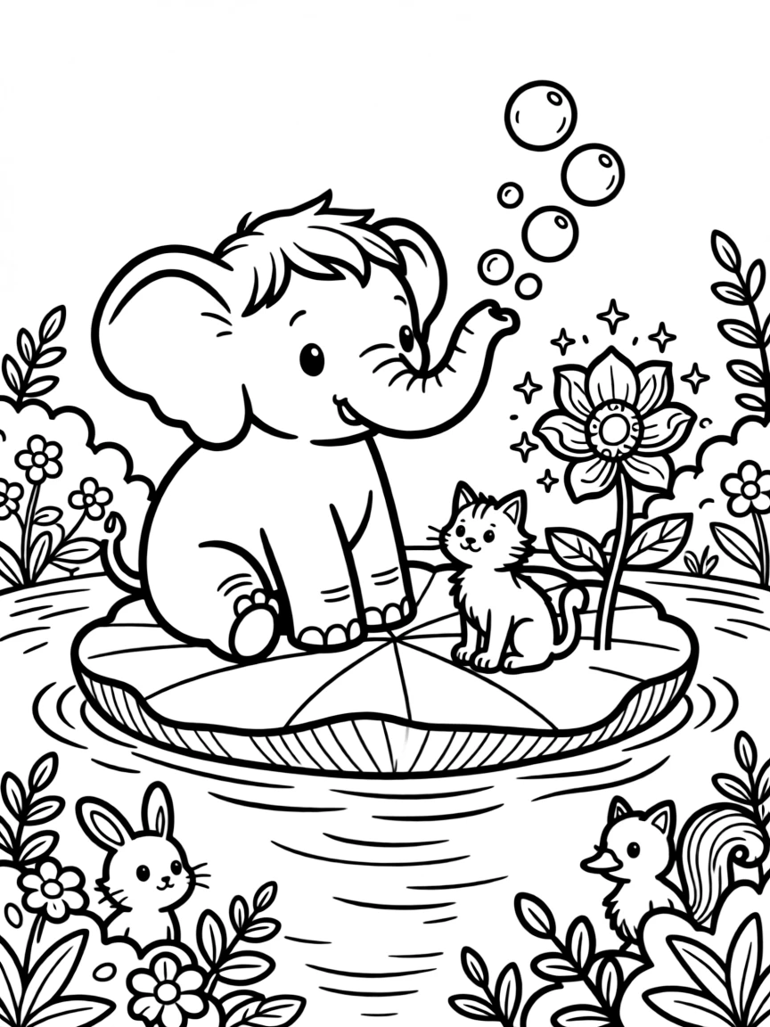 A baby elephant blowing bubbles with a barn cat on a floating lily raft, near a magical glowing flower, while baby animals peek out from the bushes.