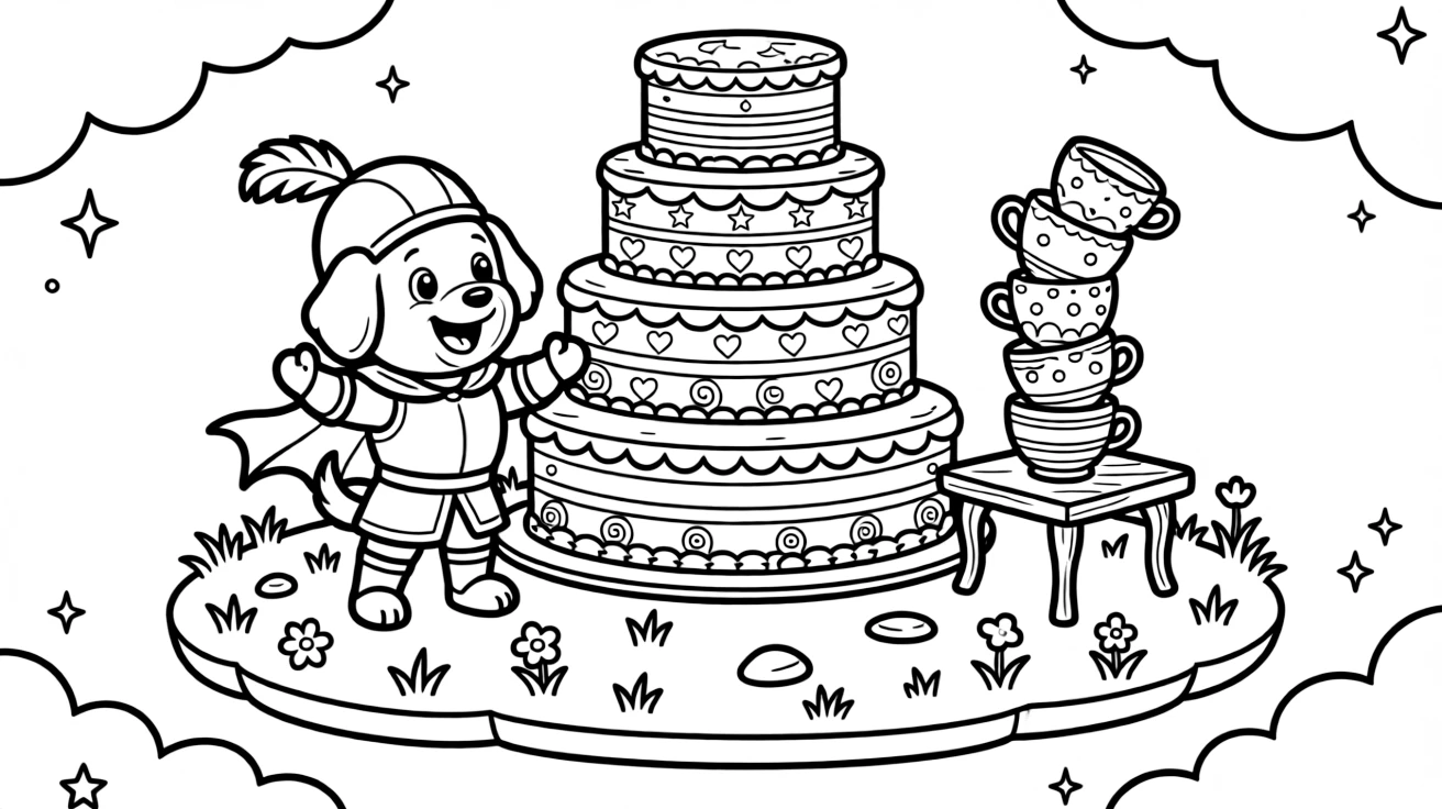 On a floating island drifting through the sky, a chirpy knight in training puppy discovers the joy of baking a rainbow layer cake taller than the room, while a wobbly tower of stacked teacups watches happily nearby. It's a perfectly wonderful, magical moment.