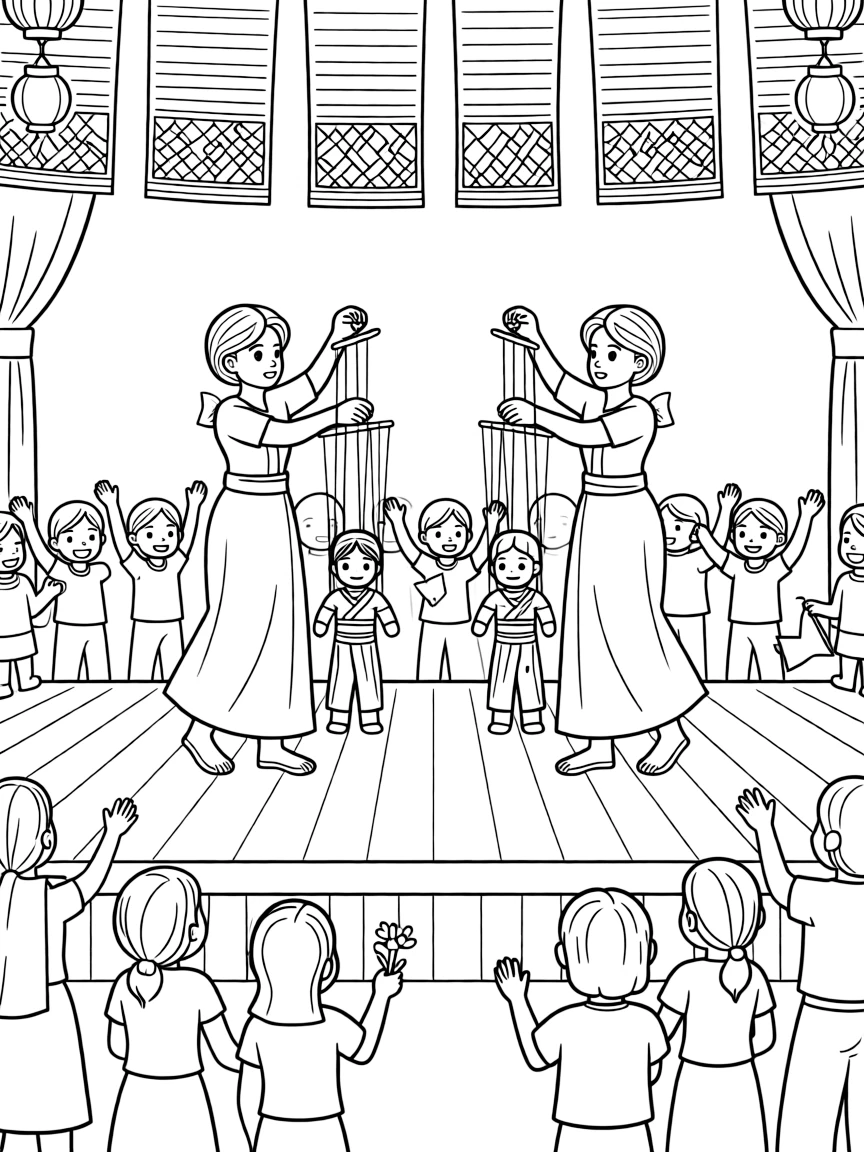 A coloring page capturing dancers performing with puppet marionettes on strings from Myanmar, set on an outdoor stage with cheerful onlookers waving and swaying along.