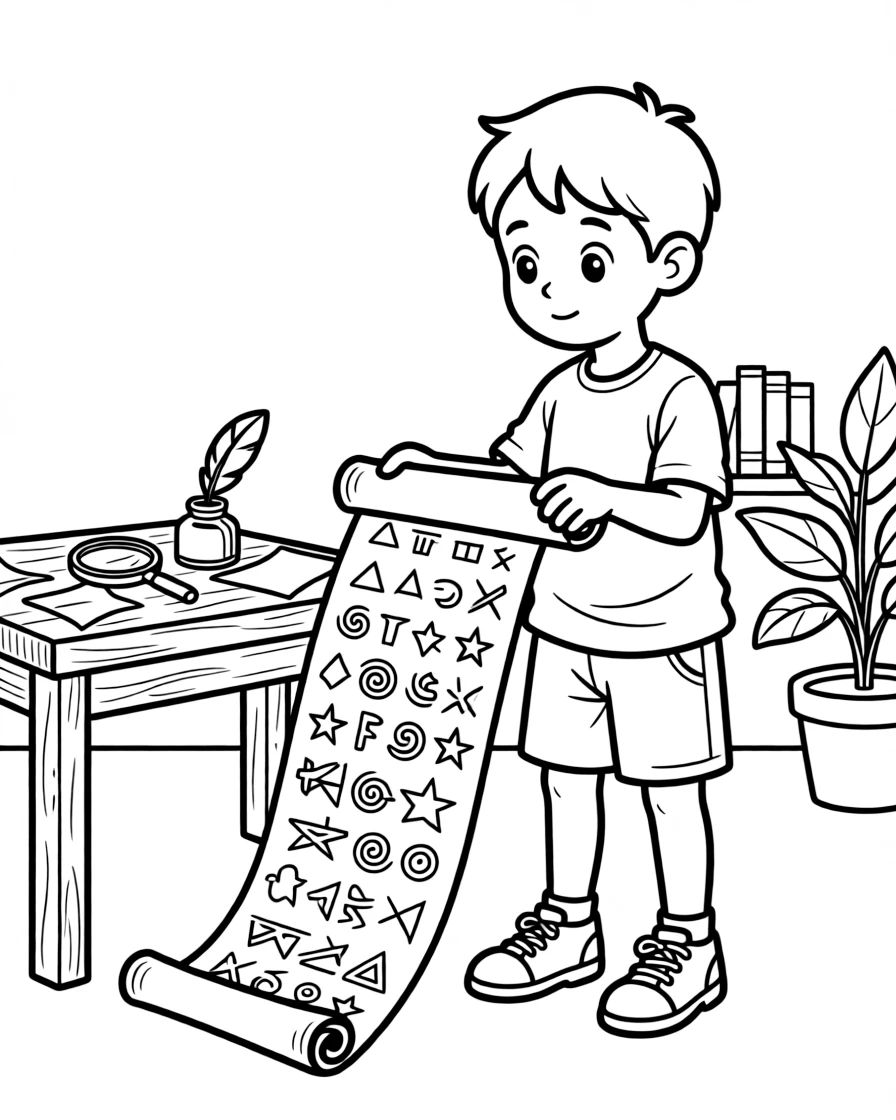 a wide-eyed little boy unrolls an ancient-looking scroll covered in mysterious symbols.