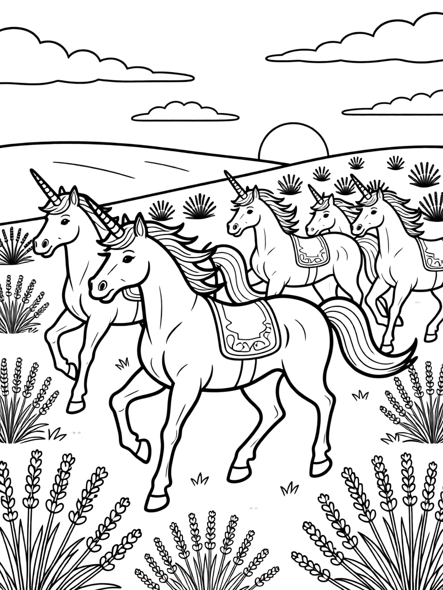 A unicorn herd gallops through a field of glowing lavender at twilight, their horns catching the last rays of sunset.