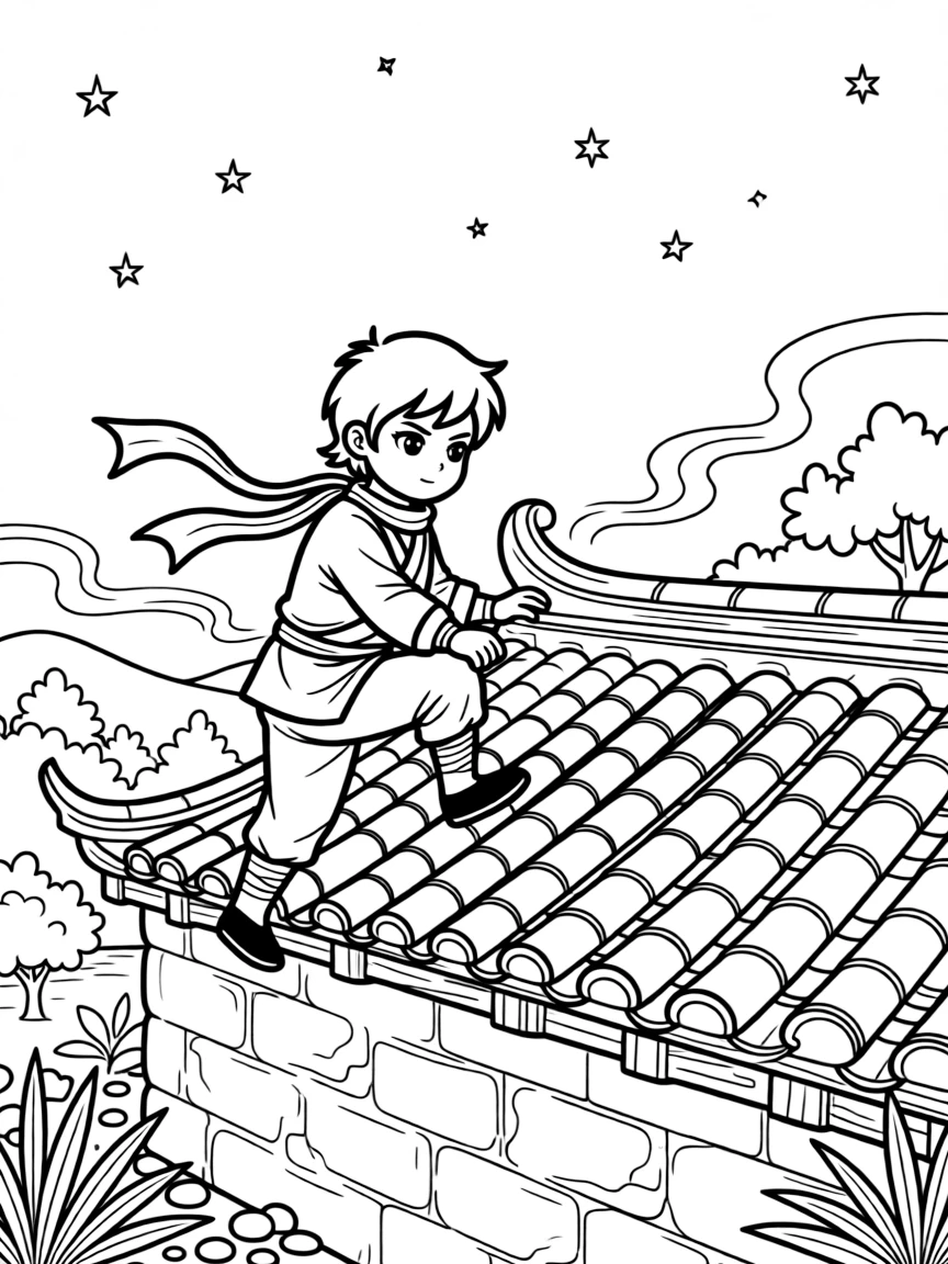 [Ninjas] A dynamic scene shows a ninja practicing in a training yard climbing a stone wall with quiet steps atop a tiled rooftop, looking determined and brave. Close by, stars twinkle in the night sky. A flowing scarf trails behind in motion. The moment unfolds during a bright summer day, with heat waves shimmering in the distance, filled with energetic detail perfect for a young colorist.