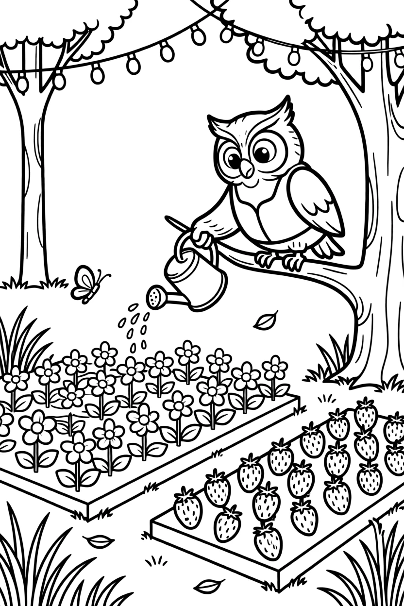 A wise little owl perched on a branch is watering rows of flowers with a tiny watering can at a strawberry patch ready for picking. Nearby, strings of fairy lights strung overhead and a gentle breeze rippling through tall grass add a playful, cheerful touch.