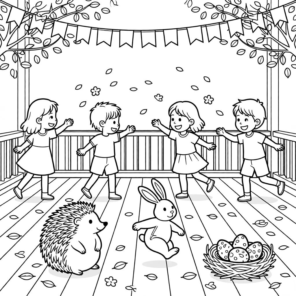 A wide view on a porch decorated with pastel banners, featuring children chasing floating cherry blossom petals, a plump little hedgehog, and a hopping bunny with a bow, with a nest with three speckled eggs nearby.