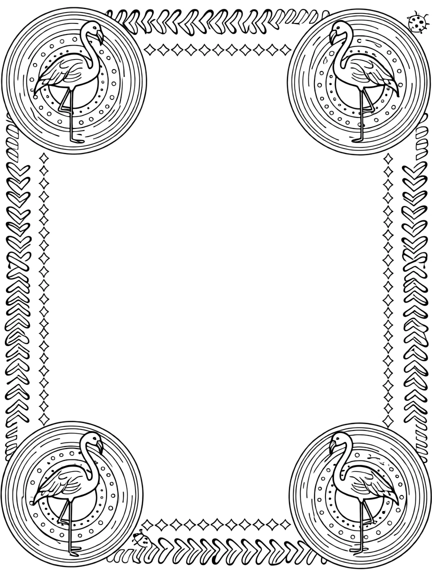 Birds: The page centers on a repeating motif of a flamingo standing on one long thin leg, built around a set of perfectly matched concentric rings. The motif is placed at each of the four corners in matching pairs, connected by a looping border pattern around the edge. Decorative details fill the surrounding space, including ribbons folded into gentle zigzags, rows of arrow-shaped chevrons, and a repeating chain of small diamonds woven throughout the background. A playful extra touch completes the page: a tiny ladybug tucked among the details, easy to spot once found.