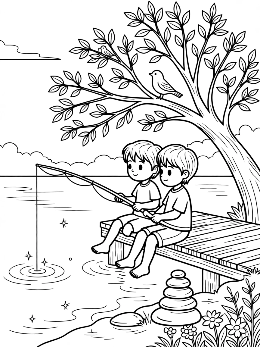 [Lakeside] Two children fish from a small wooden dock, their toes dangling just above the water. Songbirds flit between branches of a tree leaning over the water's edge. Smooth stones are stacked in a little tower near the water's edge, beside a patch of wildflowers. Warm afternoon sunlight sparkles across the lake beneath a clear blue sky.