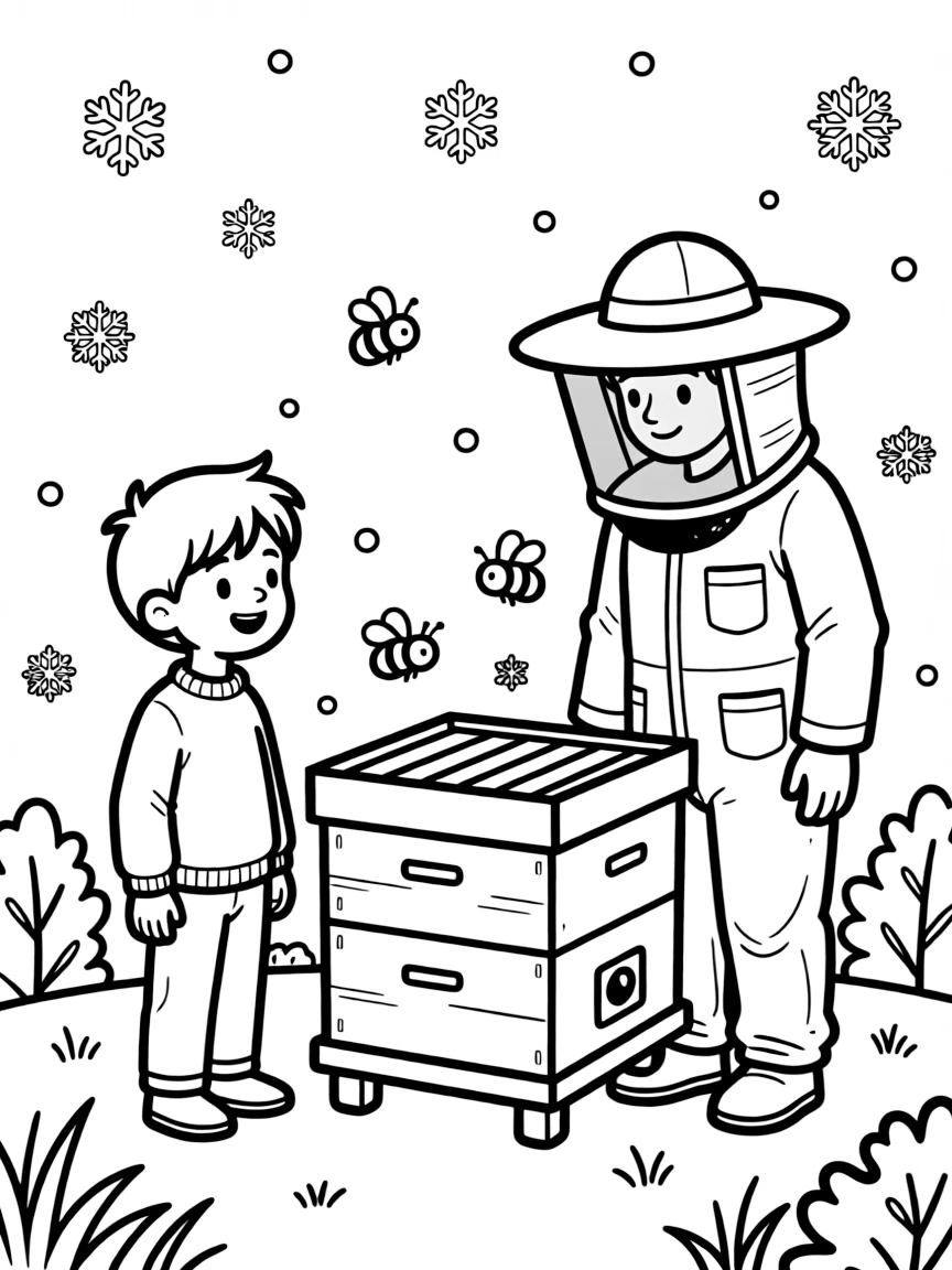 An energetic boy watching bees in a hive with a beekeeper while snowflakes fall softly.
