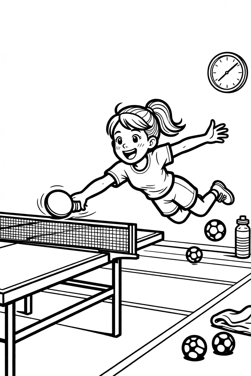 An energetic girl with a big smile, diving sideways to return a ball that skimmed the edge of the table.
