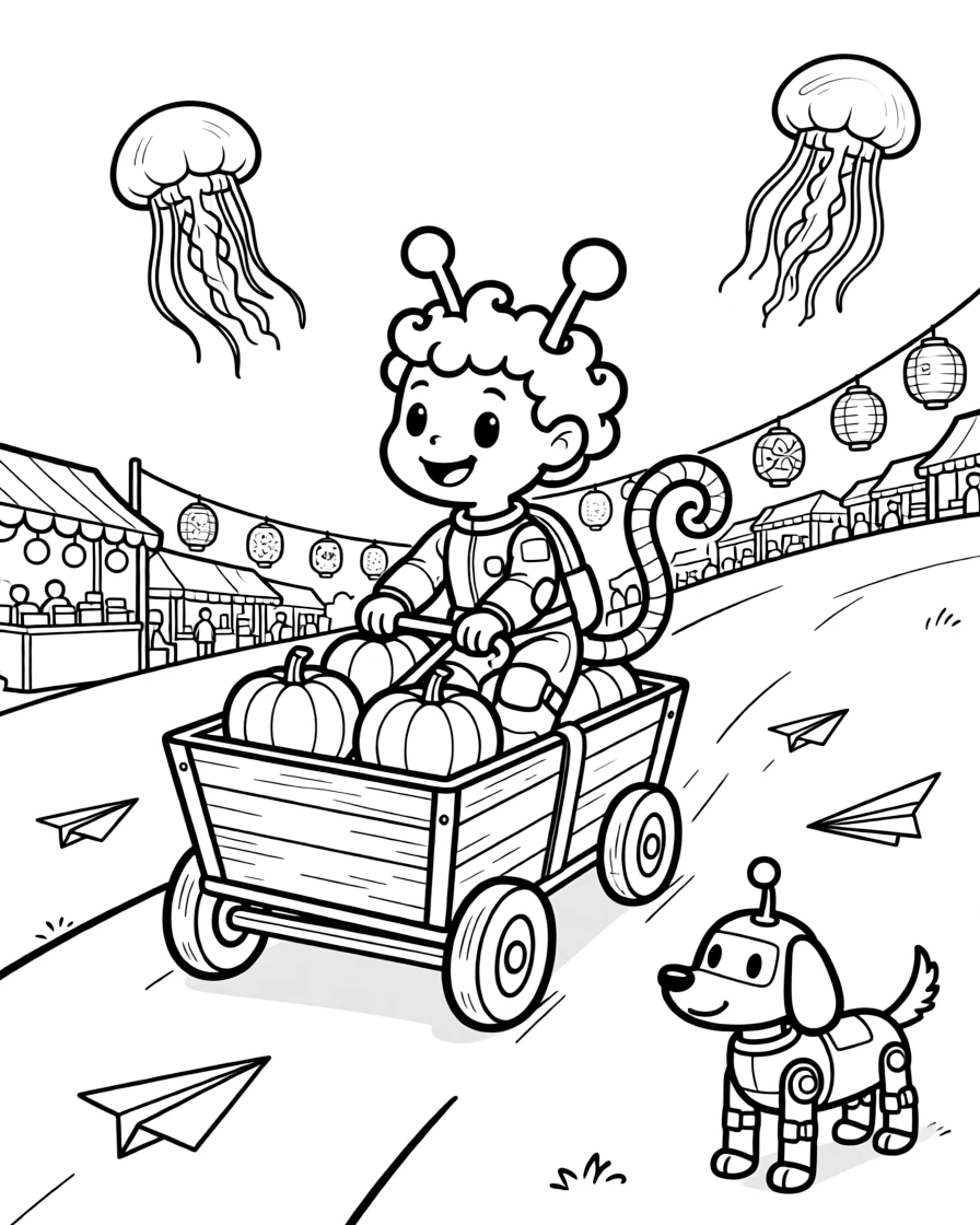 Bounce, a curious alien creature with a curly tail steering a runaway wagon of space pumpkins down a hill near a night market lit by paper lanterns and glowing jellyfish, surrounded by a robot dog wagging its antenna tail and a fleet of paper airplanes gliding past.