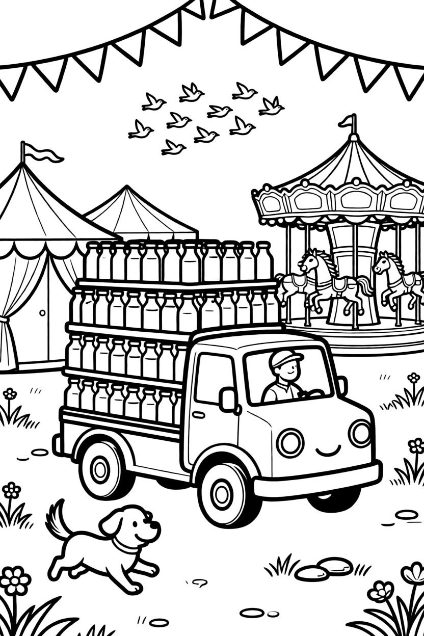 This page centers on a milk delivery truck stacked with glass bottles exploring a lively county fair with a carousel and ribbon-topped tents, featuring a friendly dog with its ears flapping in the wind and little extras like a flock of birds flying alongside in formation and a string of triangle pennant flags overhead.